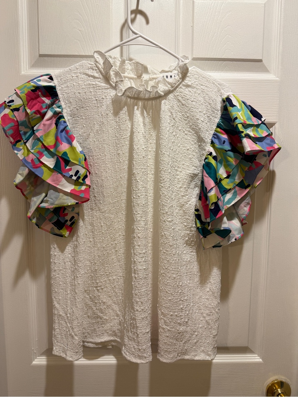 THML White Textured Blouse with Multicolor Ruffle Sleeves